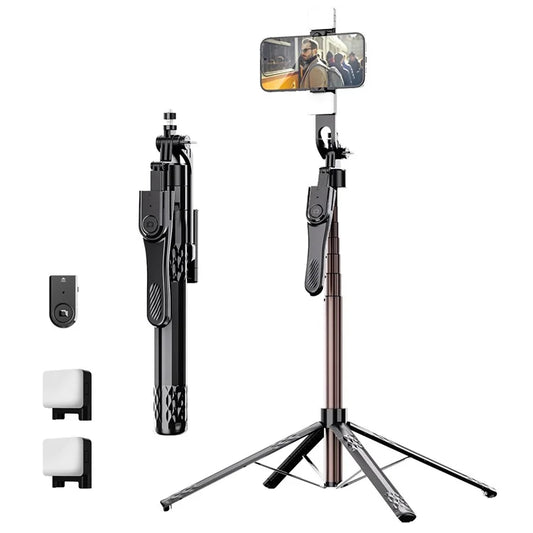 C11 1.85m Extendable Four-Legged Floor Stand Phone Holder Bluetooth Selfie Stick with 2 Fill Lights
