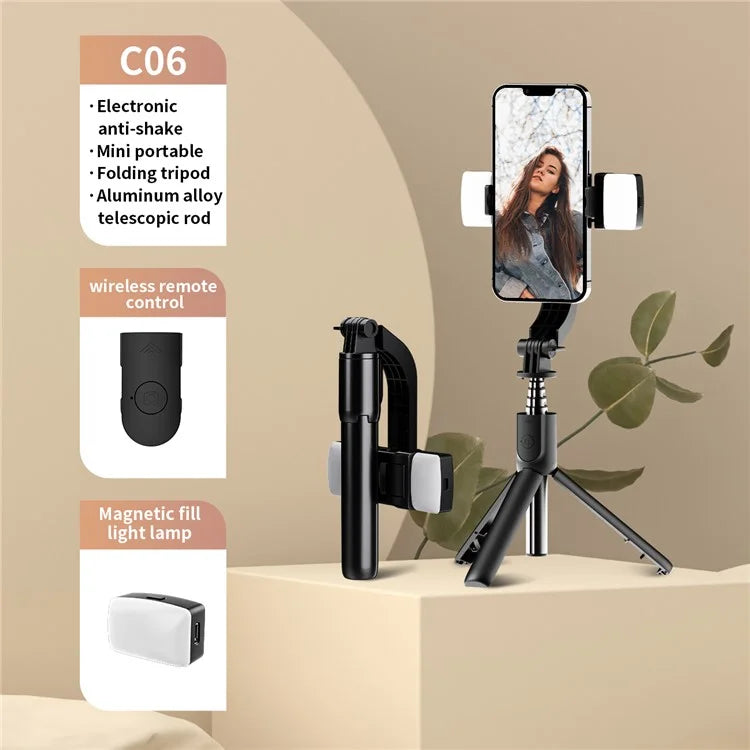 C06 Extendable Tripod Stand Phone Anti-Shake Stabilizer Bluetooth Selfie Stick with 2 Magnetic Fill Lights