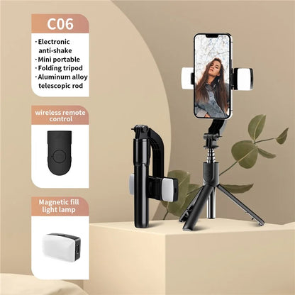 C06 Extendable Tripod Stand Phone Anti-Shake Stabilizer Bluetooth Selfie Stick with 2 Magnetic Fill Lights