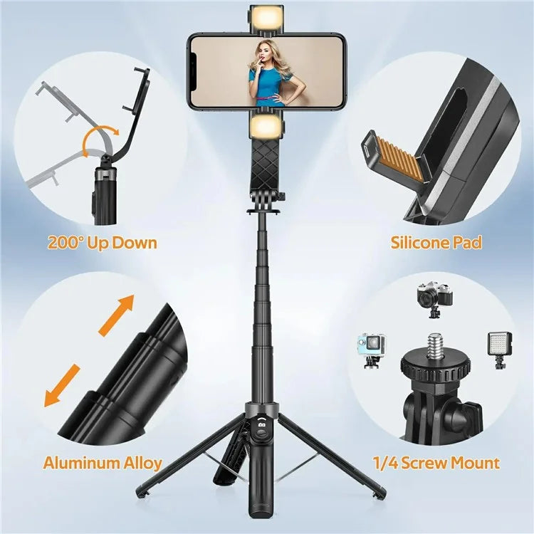 P07 2nd Gen V1 Phone Holder Selfie Stick 4-Leg Floor Stand with Bluetooth Remote Control + 1 Fill Light