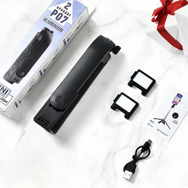P07 2nd Gen V2 Telescopic Phone Holder Selfie Stick 4-Leg Floor Stand Bluetooth Shutter + 2 Fill Lights