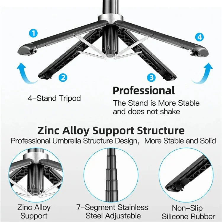 P06 2nd Gen V1 Phone Live Streaming Extendable Four-Leg Floor Stand Bluetooth Selfie Stick with 1 Fill Light