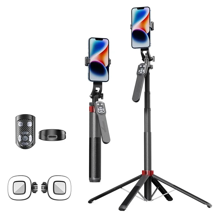 P185TK+F2 Phone Holder Bluetooth Selfie Stick Extendable Four-Leg Floor Stand with 2 Square Fill Lights