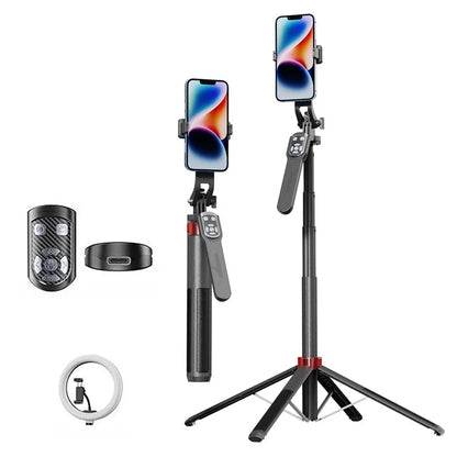 P185TK Extendable Four-Leg Floor Stand Phone Live Streaming Bluetooth Selfie Stick with 10-inch Fill Light