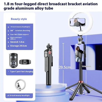 P185TK Extendable Four-Leg Floor Stand Phone Live Streaming Bluetooth Selfie Stick with 10-inch Fill Light