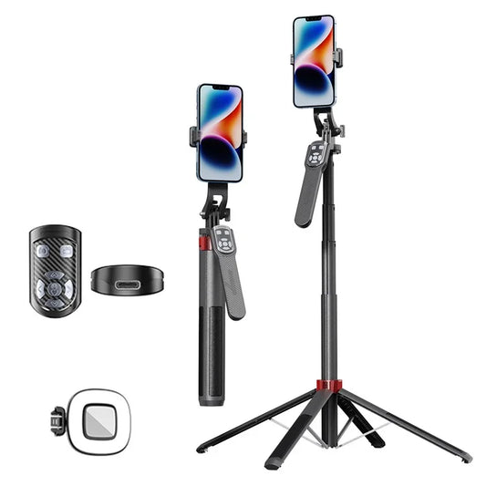 P185TK+F1 Extendable Four-Leg Floor Stand Phone Holder Bluetooth Selfie Stick with 1 Square Fill Light
