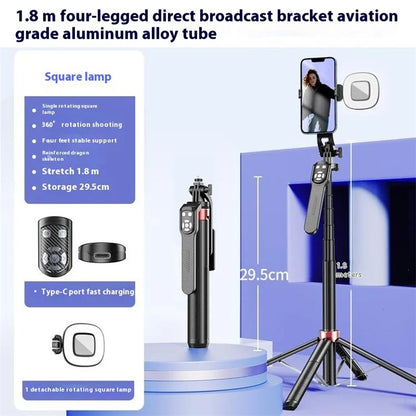 P185TK+F1 Extendable Four-Leg Floor Stand Phone Holder Bluetooth Selfie Stick with 1 Square Fill Light