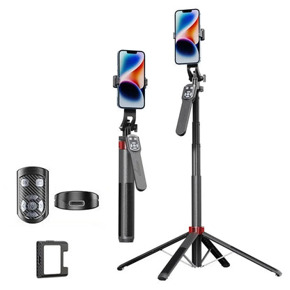 P185TK-V1 Extendable Phone Holder Four-Leg Floor Stand Live Streaming Bluetooth Selfie Stick with 1 Fill Light