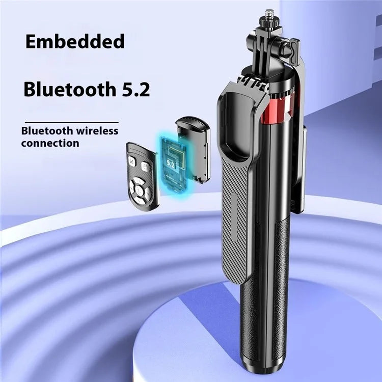 P185TK-V1 Extendable Phone Holder Four-Leg Floor Stand Live Streaming Bluetooth Selfie Stick with 1 Fill Light