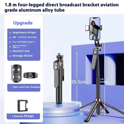 P185TK-V1 Extendable Phone Holder Four-Leg Floor Stand Live Streaming Bluetooth Selfie Stick with 1 Fill Light