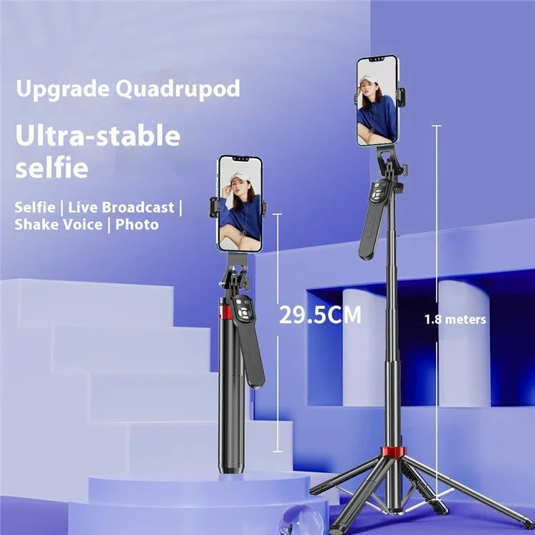 P185TK-V2 Extendable Phone Holder Four-Leg Floor Stand Bluetooth Selfie Stick with 2 Fill Lights