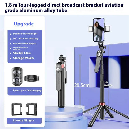 P185TK-V2 Extendable Phone Holder Four-Leg Floor Stand Bluetooth Selfie Stick with 2 Fill Lights