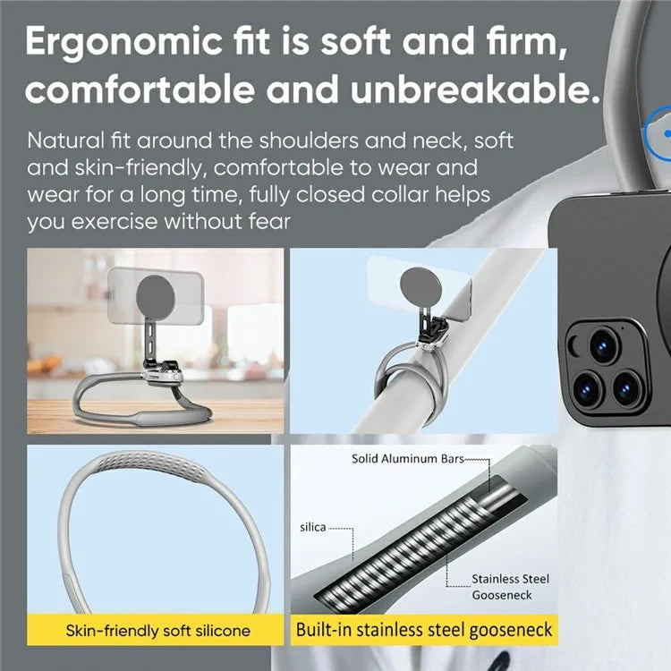 SCS-NH005 Magnetic Phone Neck Mount Neck Phone Holder POV / Vlog Selfie Mount, (Extended Version) - Grey