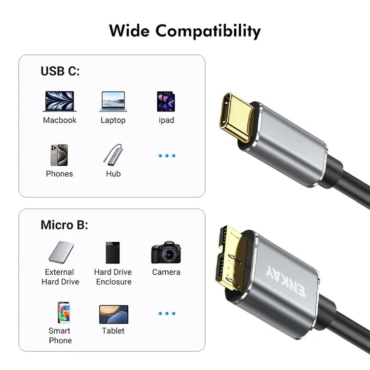 ENKAY HAT PRINCE 1m USB 3.1 Type-C to USB 3.0 Micro B Cable for Camera Hard Drive Charging Data Cable