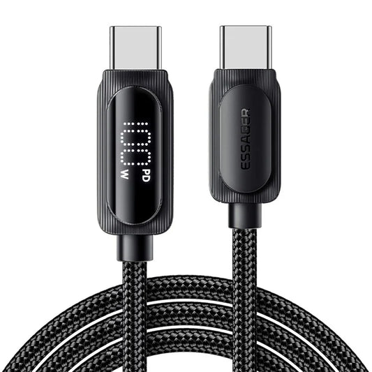 ESSAGER 2m Type-C to Type-C PD 100W Data Cable Digital Display Braided Fast Charging Cord