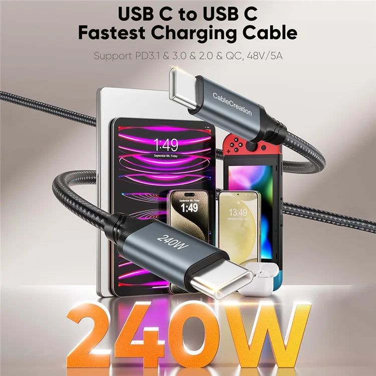 CABLECREATION CC1303 0.91m Type-C to Type-C 240W Fast Charging Braided Data Cable