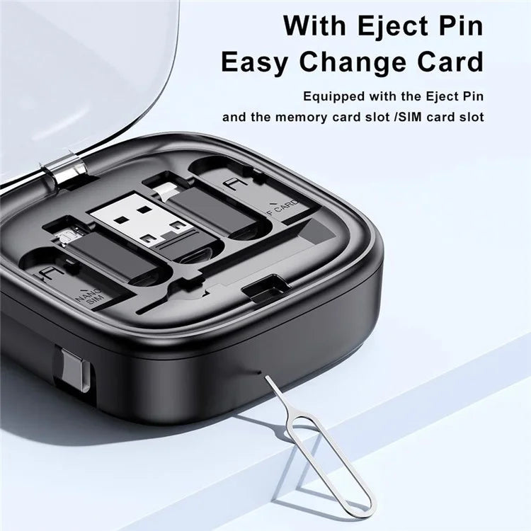 UD7603 1m Retractable 60W Type-C to Type-C Fast Charging Cable Storage Box with Eject Pin and 3 Adapters
