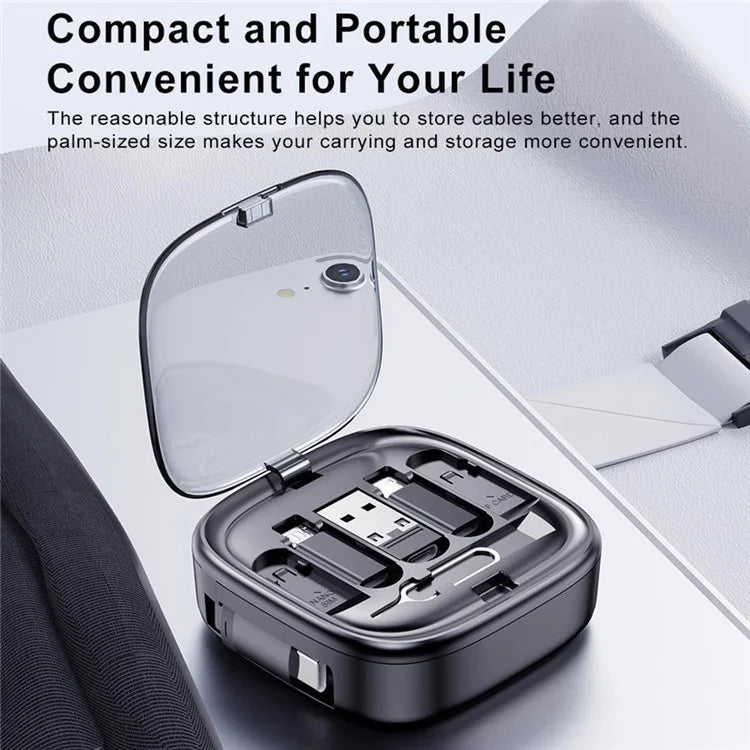 UD7603 1m Retractable 60W Type-C to Type-C Fast Charging Cable Storage Box with Eject Pin and 3 Adapters