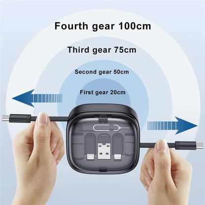 UD7603 1m Retractable 60W Type-C to Type-C Fast Charging Cable Storage Box with Eject Pin and 3 Adapters