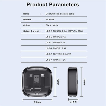 UD7603 1m Retractable 60W Type-C to Type-C Fast Charging Cable Storage Box with Eject Pin and 3 Adapters