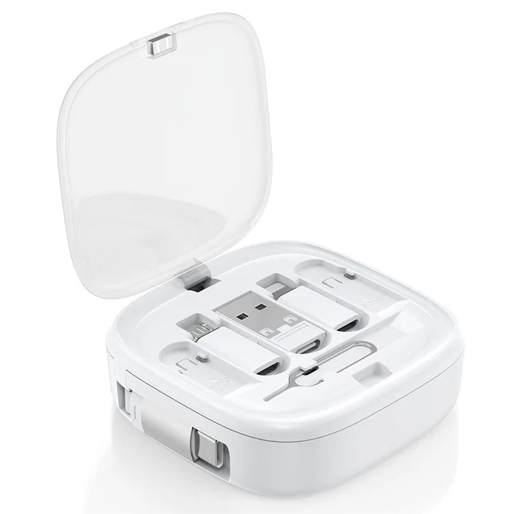 UD7603 1m Retractable 60W Type-C to Type-C Fast Charging Cable Storage Box with Eject Pin and 3 Adapters