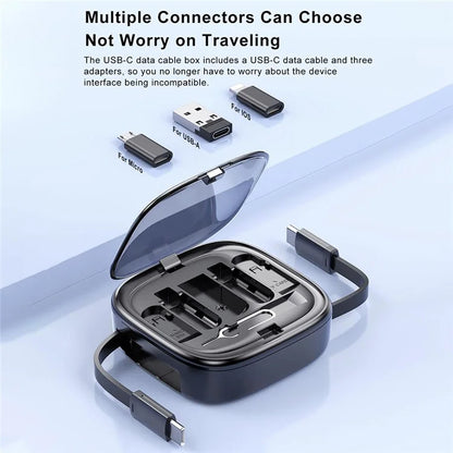 UD7603 1m Retractable 60W Type-C to Type-C Fast Charging Cable Storage Box with Eject Pin and 3 Adapters