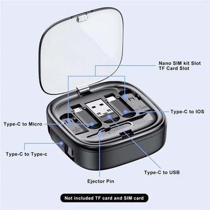 UD7603 1m Retractable 60W Type-C to Type-C Fast Charging Cable Storage Box with Eject Pin and 3 Adapters