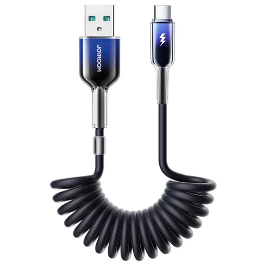 JOYROOM S-A43 1.5m USB-A to Type-C 3A Fast Charging Coiled Cable Data Transmission Cord for iPhone 16-15 Series - Black
