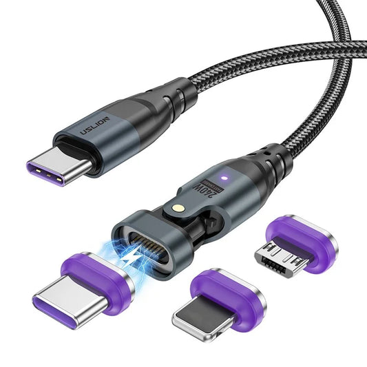 USLION US0203 1.8m Type-C to iP / Type-C / Micro Rotatable Connector Magnetic Charging Cable 240W Data Cable