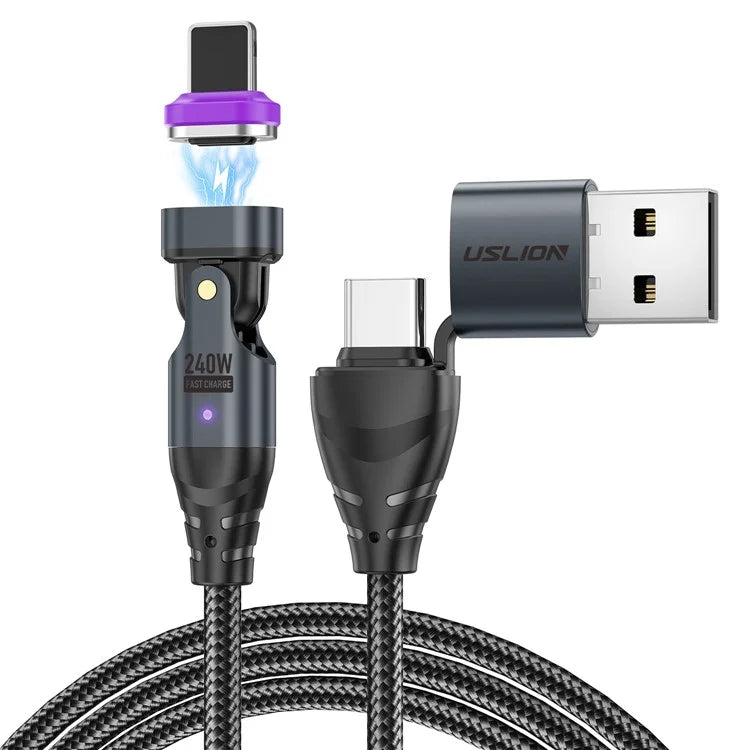 USLION US0204 1.8m USB / Type-C 2 to 1 Data Cable 180-Degree Rotation 240W Magnetic Charging Cable