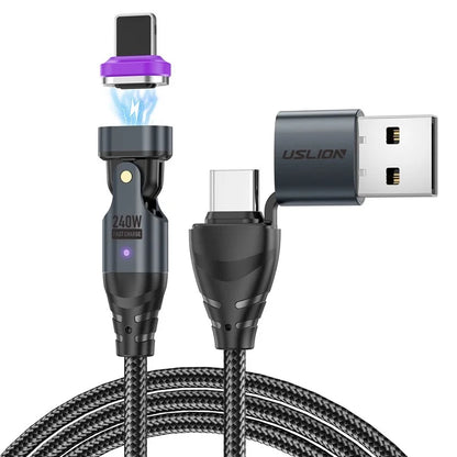 USLION US0204 1.8m USB / Type-C 2 to 1 Data Cable 180-Degree Rotation 240W Magnetic Charging Cable