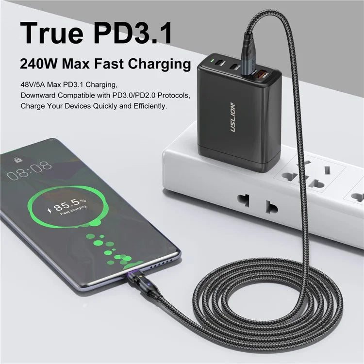 USLION US0204 1.8m USB / Type-C 2 to 1 Data Cable 180-Degree Rotation 240W Magnetic Charging Cable