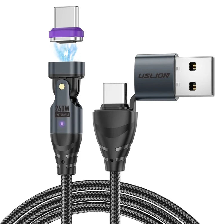 USLION US0204 1.8m USB / Type-C 2 to 1 Data Cable 180-Degree Rotation 240W Magnetic Charging Cable