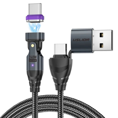 USLION US0204 1.8m USB / Type-C 2 to 1 Data Cable 180-Degree Rotation 240W Magnetic Charging Cable