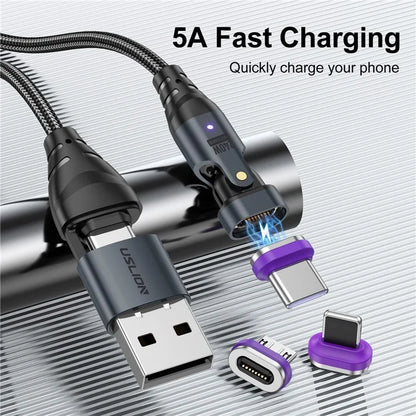USLION US0204 1.8m USB / Type-C 2 to 1 Data Cable 180-Degree Rotation 240W Magnetic Charging Cable