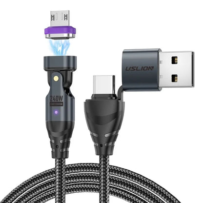 USLION US0204 1.8m USB / Type-C 2 to 1 Data Cable 180-Degree Rotation 240W Magnetic Charging Cable