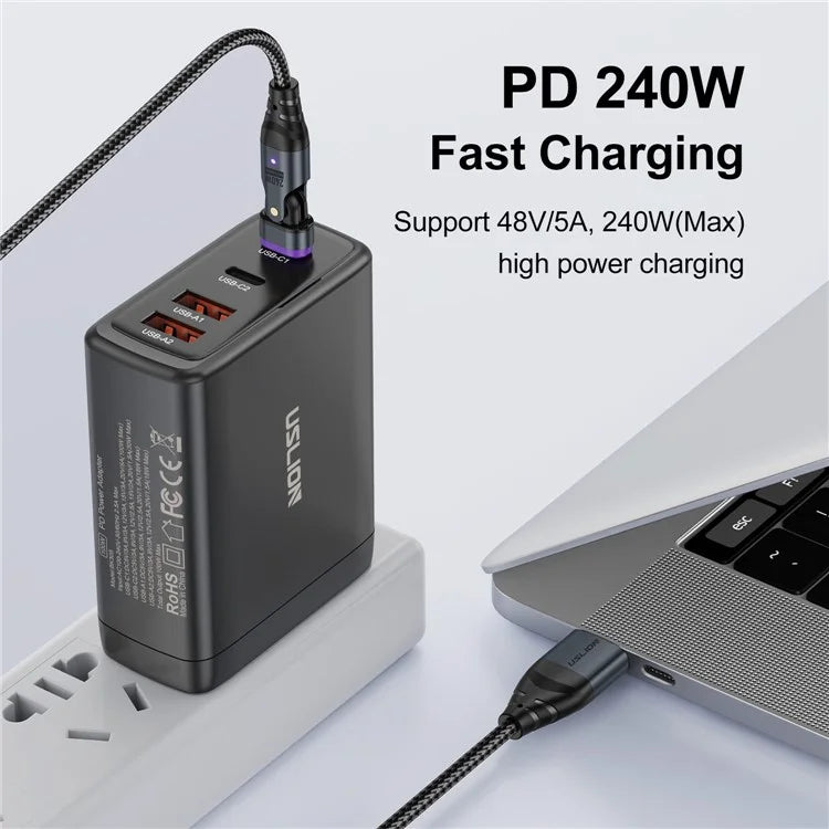 USLION US0204 1m USB / Type-C 2 to 1 Data Cable 180-Degree Rotation 240W Magnetic Charging Cable