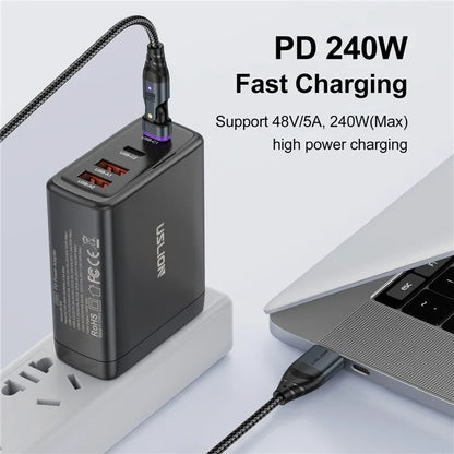 USLION US0204 1m USB / Type-C 2 to 1 Data Cable 180-Degree Rotation 240W Magnetic Charging Cable
