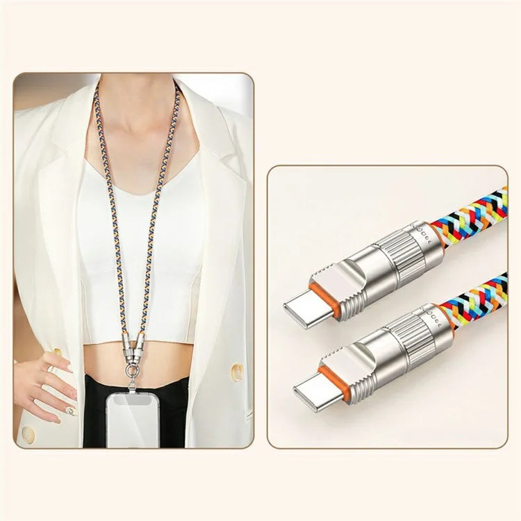90cm 2-in-1 PD 66W Type-C Charging Cable Cell Phone Neck Lanyard Data Cable with Zinc Alloy Buckle, Tether Tab