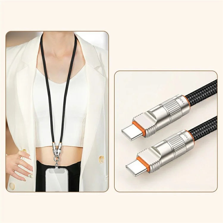 90cm 2-in-1 PD 66W Type-C Charging Cable Cell Phone Neck Lanyard Data Cable with Zinc Alloy Buckle, Tether Tab