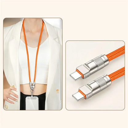 90cm 2-in-1 PD 66W Type-C Charging Cable Cell Phone Neck Lanyard Data Cable with Zinc Alloy Buckle, Tether Tab