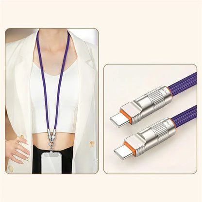 90cm 2-in-1 PD 66W Type-C Charging Cable Cell Phone Neck Lanyard Data Cable with Zinc Alloy Buckle, Tether Tab