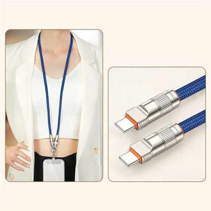 90cm 2-in-1 PD 66W Type-C Charging Cable Cell Phone Neck Lanyard Data Cable with Zinc Alloy Buckle, Tether Tab