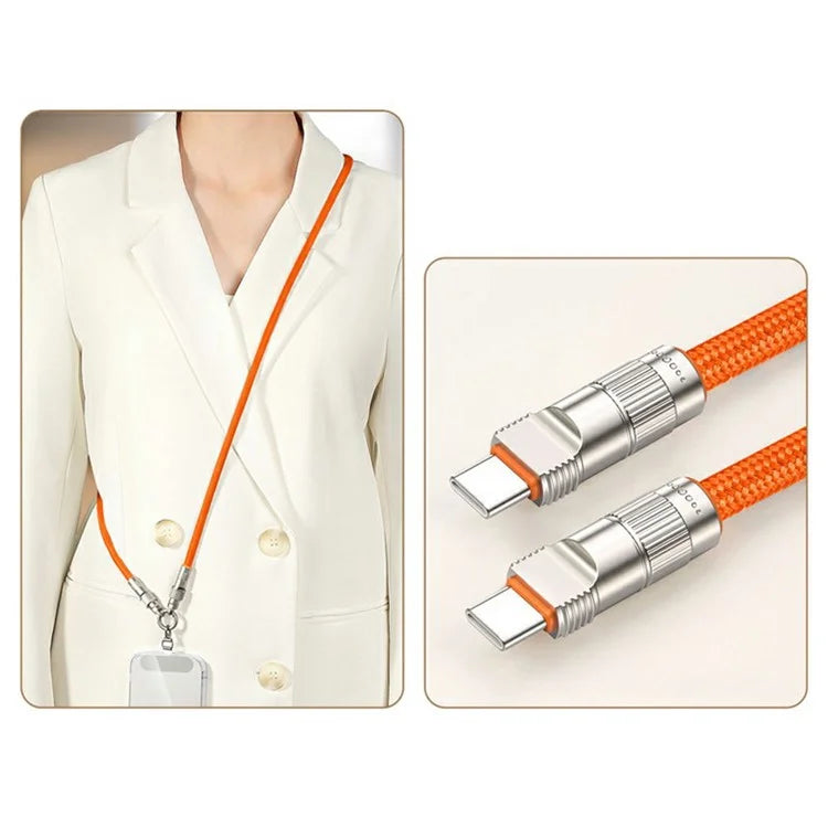 120cm 2-in-1 PD 66W Type-C Charging Cable Cell Phone Crossbody Lanyard Data Cable with Zinc Alloy Buckle, Tether Tab