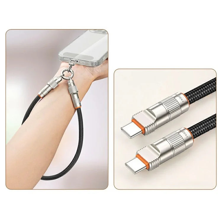 30cm 2-in-1 PD 66W Type-C Charging Cable Cell Phone Wrist Strap Data Cable with Zinc Alloy Buckle, Tether Tab
