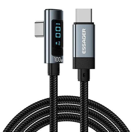ESSAGER EX-47 2m 100W Type-C Charging Cable Digital Display USB-C to USB-C Elbow Data Cord
