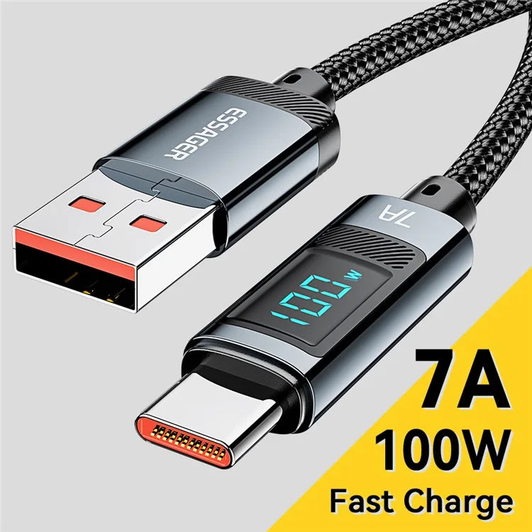 ESSAGER 1m 7A Super Charge Data Cable USB-A to Type-C Charging Cable with Digital Display