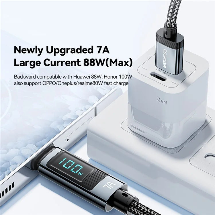 ESSAGER 2m Digital Display 7A Fast Charging Cable USB-A to Type-C 480Mbps Data Cable
