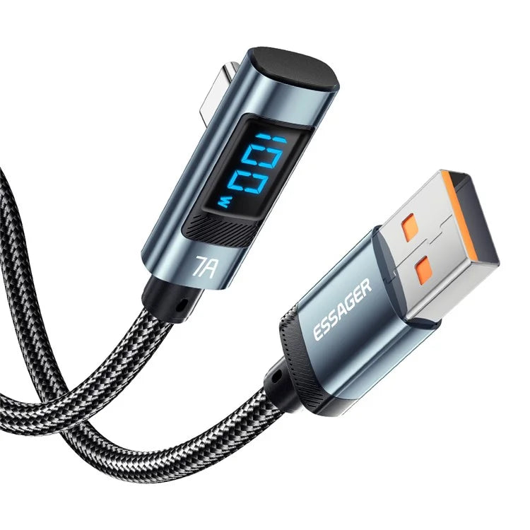 ESSAGER 2m Elbow 7A 100W Digital Display Data Cable High Power USB-A to Type-C Charging Cable