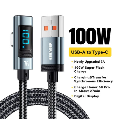 ESSAGER 2m Elbow 7A 100W Digital Display Data Cable High Power USB-A to Type-C Charging Cable